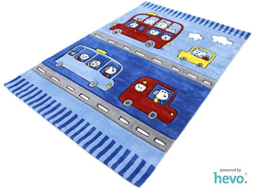 Funny Bus blau HEVO® Handtuft Teppich | Kinderteppich | Spielteppich 140x200 cm Öko Tex 100